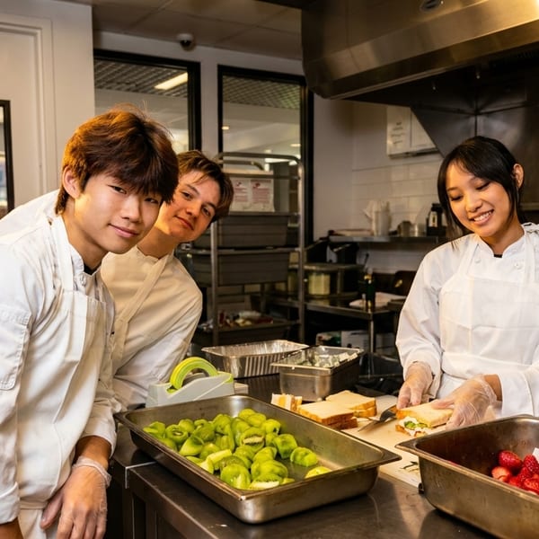 Three young chefs in white uniforms prepare food in a commercial kitchen, smiling at the camera.