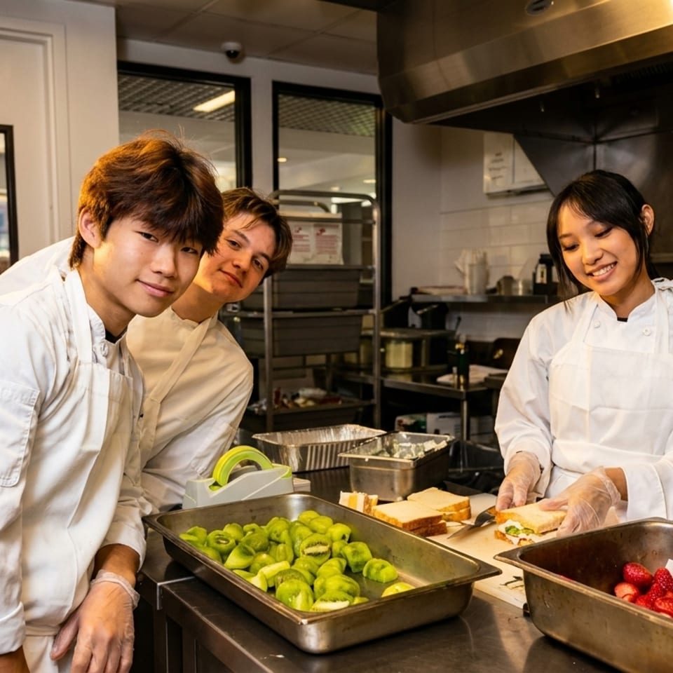 Three young chefs in white uniforms prepare food in a commercial kitchen, smiling at the camera.