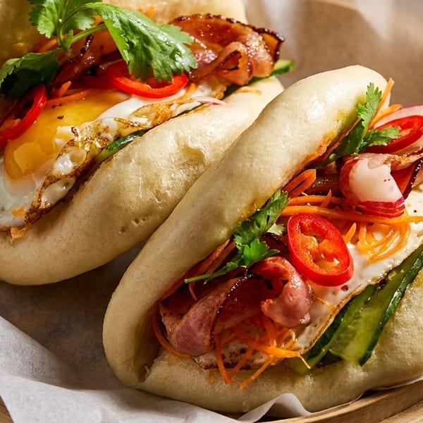 Two bao buns filled with fried eggs, bacon, cucumbers, carrots, radishes, and red chili peppers.
