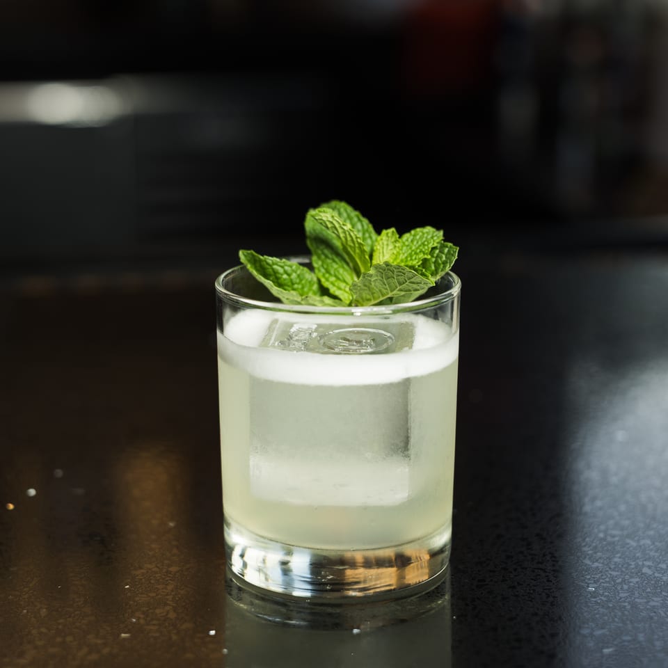 A light green cocktail with a large ice cube and mint garnish sits on a dark bar.